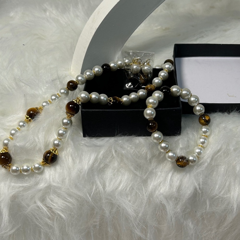 Pearl Tiger Eye Necklace Bracelet Earrings Set Women's‎ Jewelry